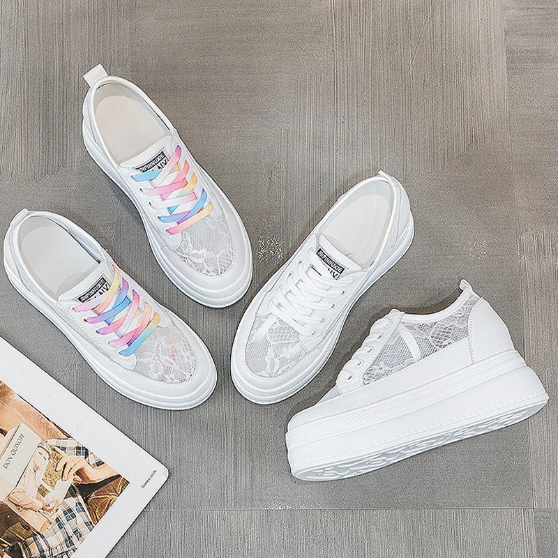 Rainbow Lace 8cm Chunky Sneaker 2023 Fashion Air Mesh Female Breathable Hidden Heels Casual Women Vulcanize Platform Woman Shoes