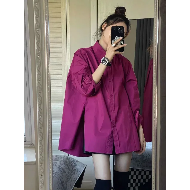 Весенне-осенняя модная женская блузка 2023 рубашки с розовым разрезом по бокам