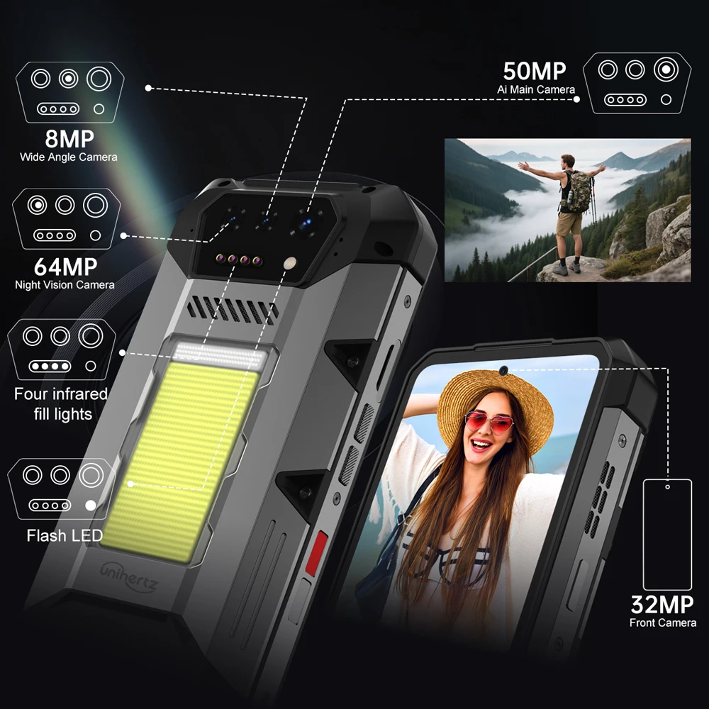 Фото Unihertz 8849 Hike Смартфон Android 14 с 200-метровым фонариком, светодиодным фонариком, 23800 мАч, 24 ГБ, 512 ГБ, двойной динамик Helio G200 IP68/IP69K 4G №5