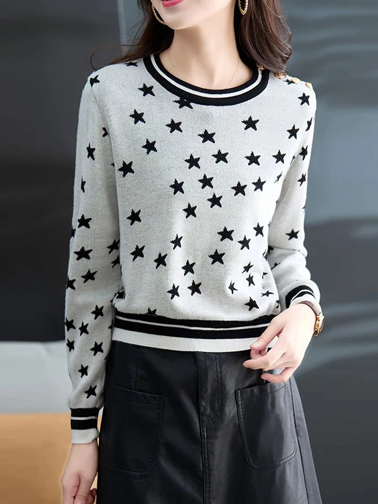 

Винтажный свитер с пентаграммой и эполетами, на пуговицах, с длинным рукавом, женский новый зимний модный Универсальный прямой джемпер