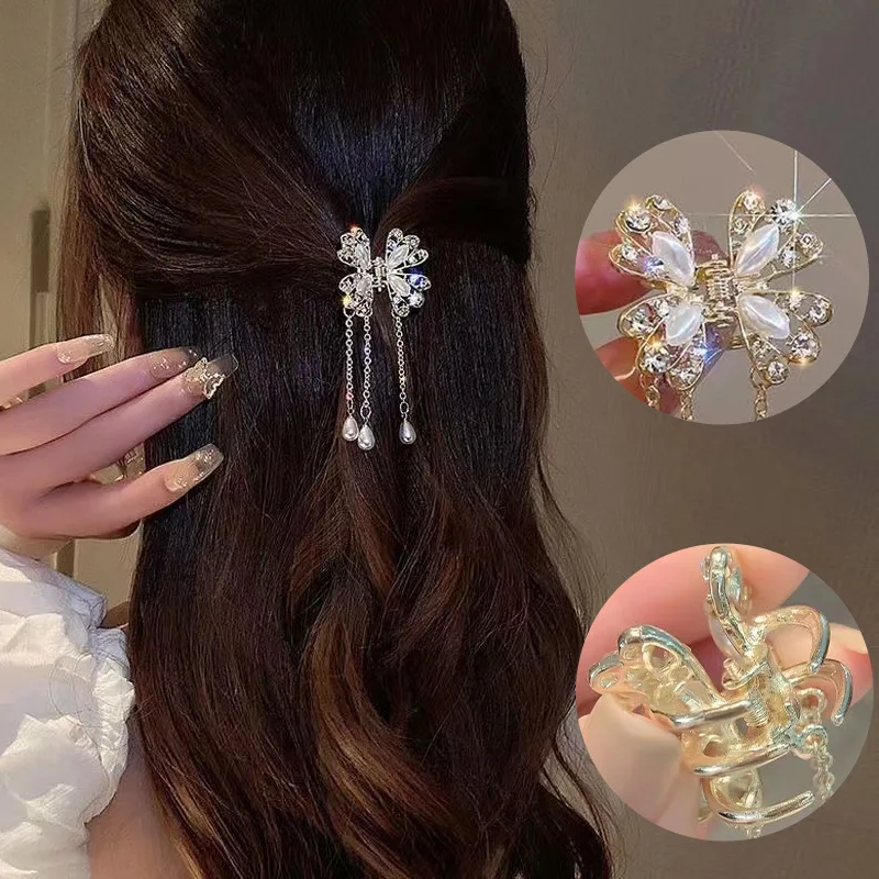 

Exquisite Butterfly Tassel Hair Clip Pearl Crystal Shark Crab Clips Women Simple Horsetail Hair Claw Korean Hairpin Accessories