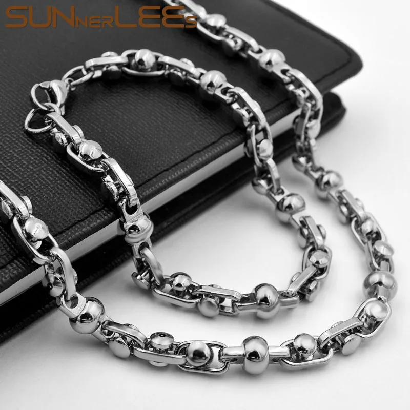 

Ожерелье и браслет из нержавеющей стали 316L, набор из 7 мм геометрических бусин, звеньевая цепь, полированный золотой цвет, подарок для мужчин...