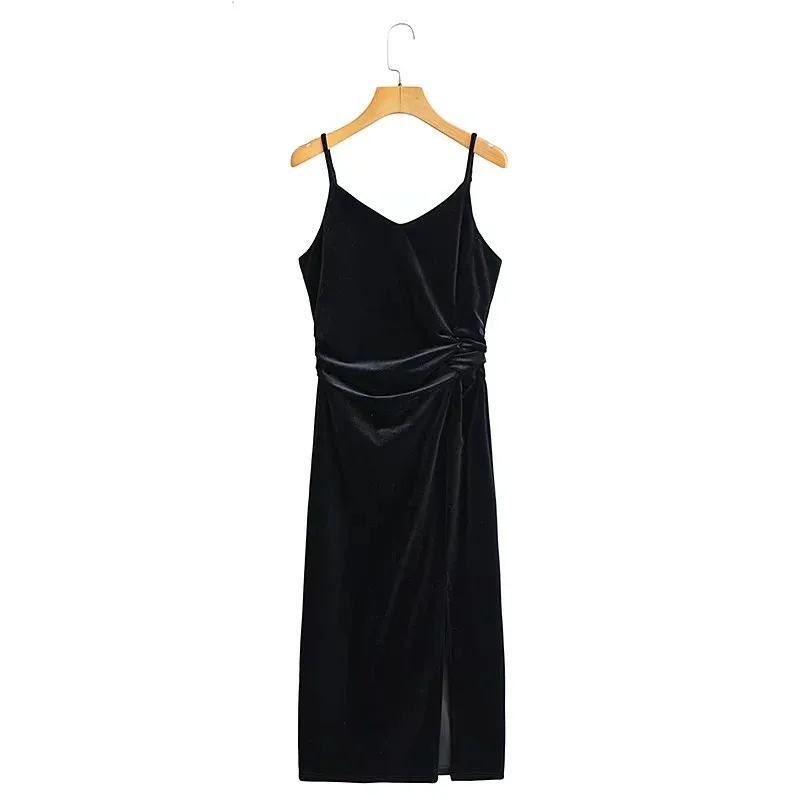 

Merodi Chic Lady Spring Elegant Pleated High Waist Long Slit Dresses Womens Spring Sling Strap Velvet Black Dress
