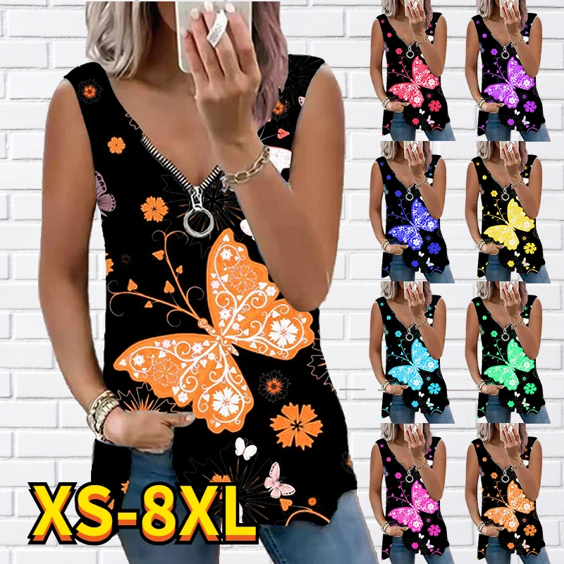 

2022 Women Summer Tank Tops Loose Zipper Sleeveless V-neck Print Vest Butterfly Sexy Streetwear Fashion Plus Size Basic Pullover