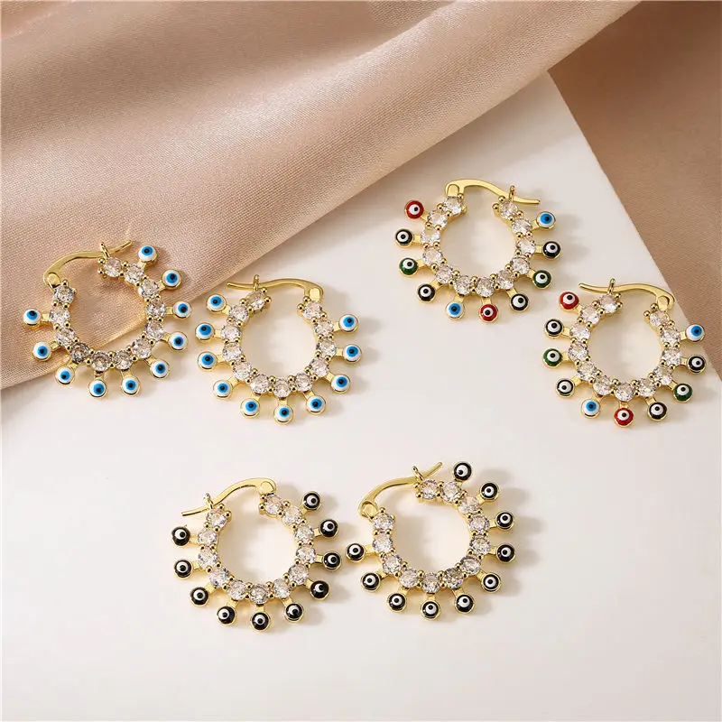 

HECHENG,Lucky Enamel Eyes Earrings,Zircon Geometric Big Circle Drop Earrings For Women Girls Copper Jewelry Gifts