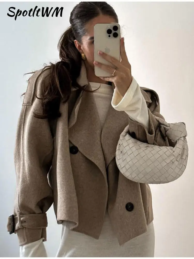 

Женское укороченное шерстяное пальто, Элегантная Модная Свободная куртка с длинным рукавом, шикарная Повседневная офисная верхняя одежда, осень 2023