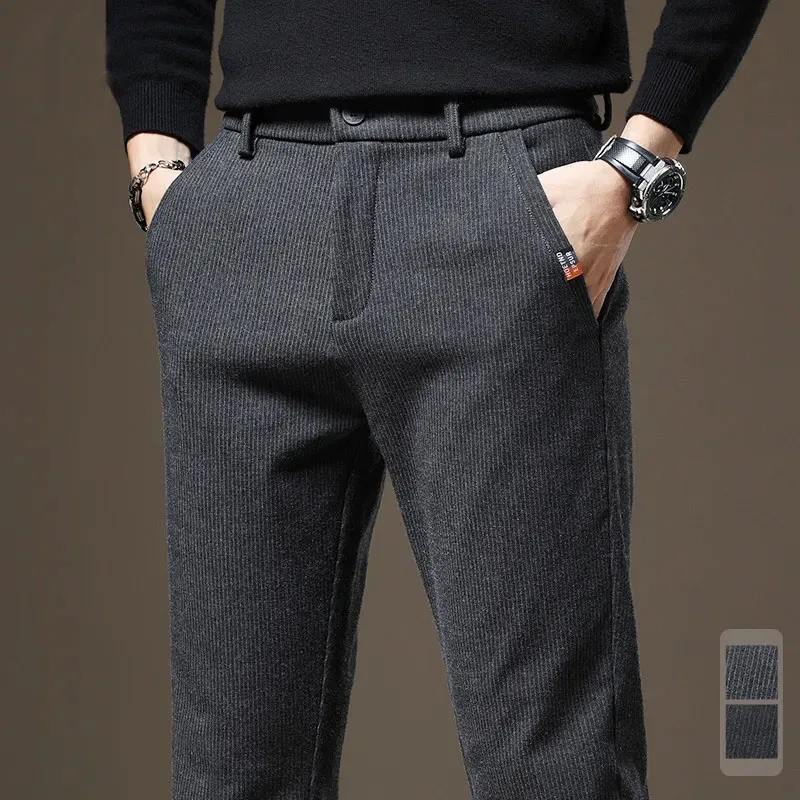 

High Quality Pinstripe Casual Pants Men Cotton Stretch Fashion Business Black Gray Autumn Winter Thick Trousers Plus Size 28-38