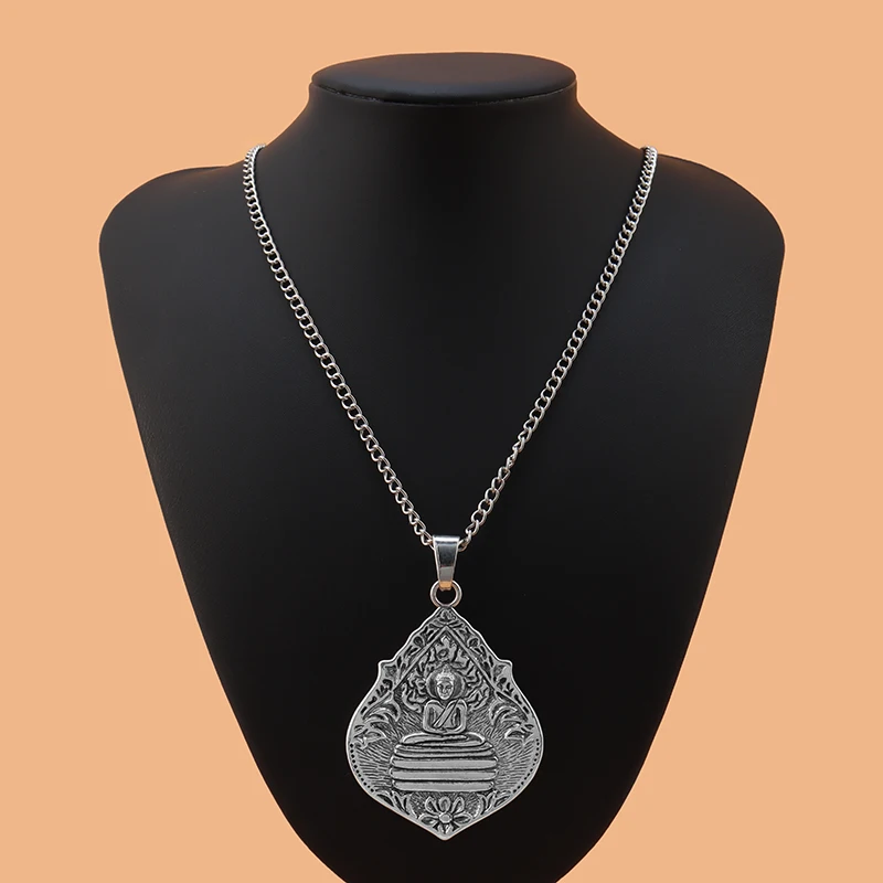 

Large Tibetan Silver Thai Meditation Buddha Buddhist Amulet Pendant on Long Chain Necklace Lagenlook 34"