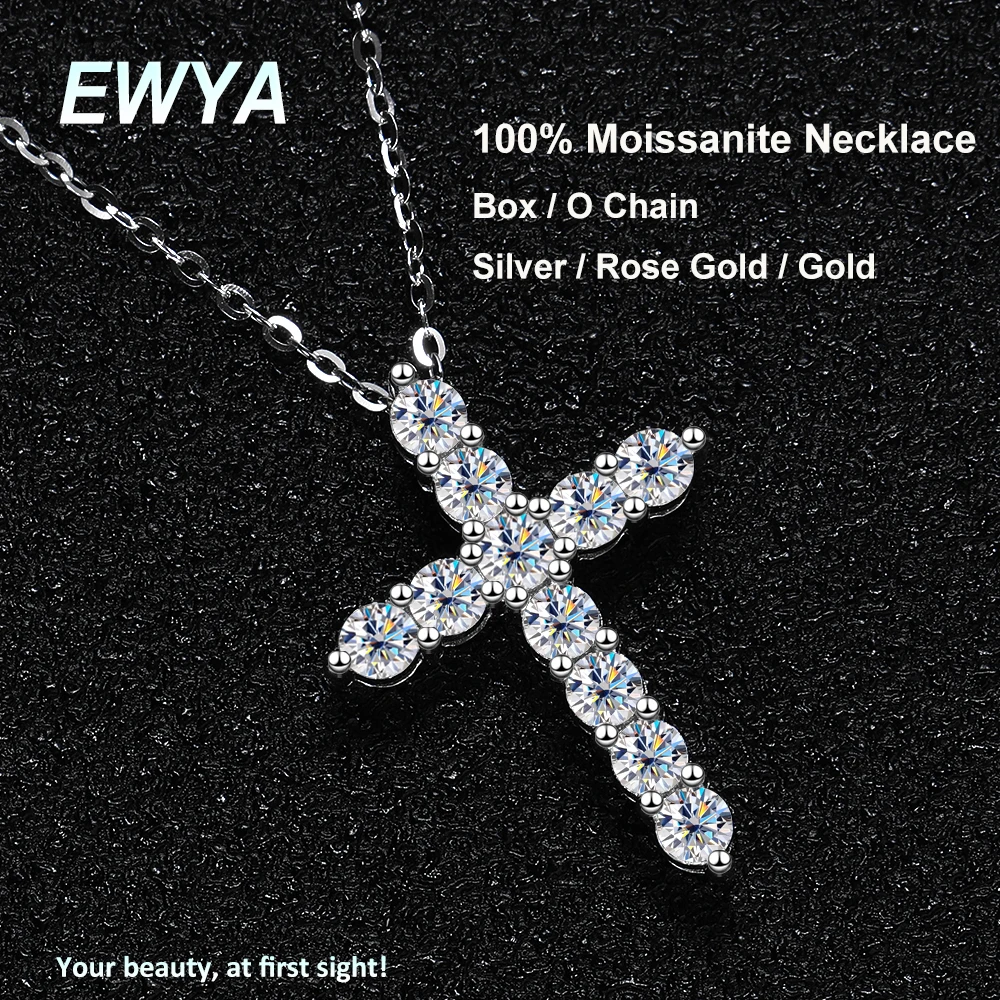 Купи EWYA Real Moissanite Jesus Cross Pendant Necklace for Women 925 Sterling Silver 2.5 3 4mm Diamond Chains Necklaces Fine Jewelry за 1,078 рублей в магазине AliExpress