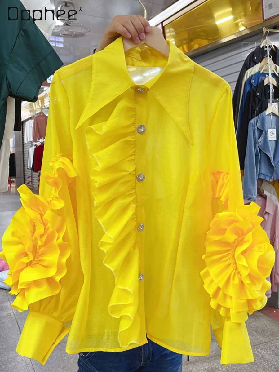 

Женская однобортная блузка с длинным рукавом, свободная однотонная блузка с трехмерными цветами и оборками, осень 2022