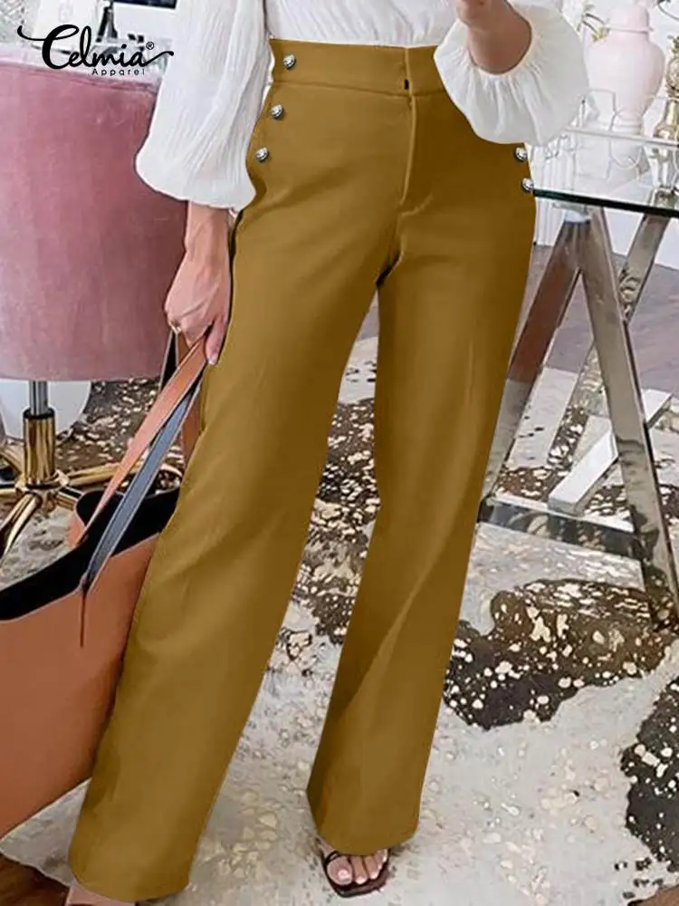 

Elegant Wide Leg 2022 Pants Celmia Women High Waist Solid Office Lady Casual Straight Pantalon Fashion Zipper Long Trousers