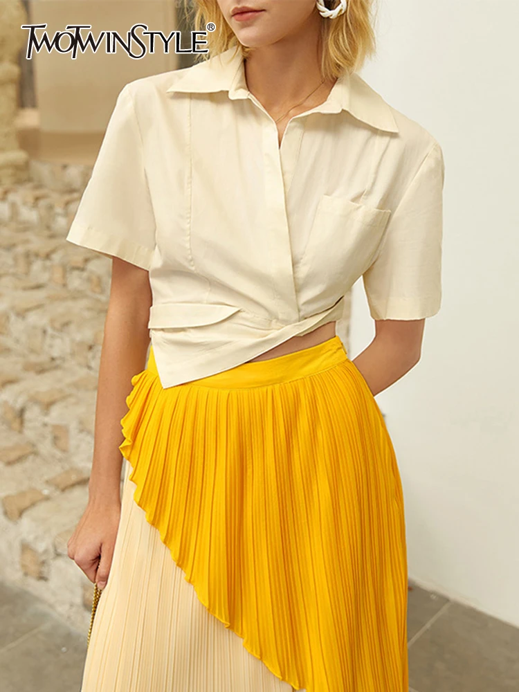 

TWOTWINSTYLE Chic Style Shirt For Women Lapel Short Sleeve Pocket Irregular Hem Ruched Solid Slim Blouse Female New 2022 Fashion