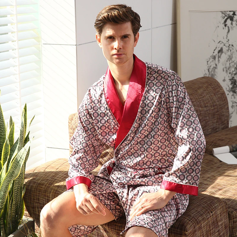 Men's Silk Nightgown Shorts Two Piece Suit Summer Thin Long Sleeve Soft Comfort Men Pajamas Men's Plus Size Bathrobe