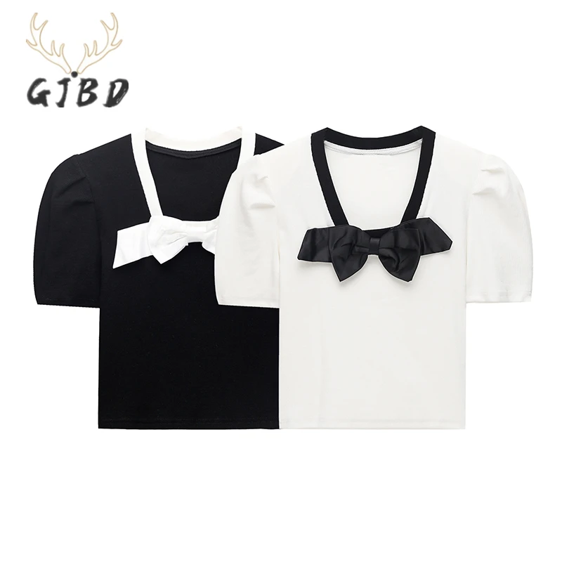 

Summer Women's Shirts Vintage Square Neck Bow Puff Short Sleeve Casual Korean Fashion Baggy High Waist Short Tops Ladies