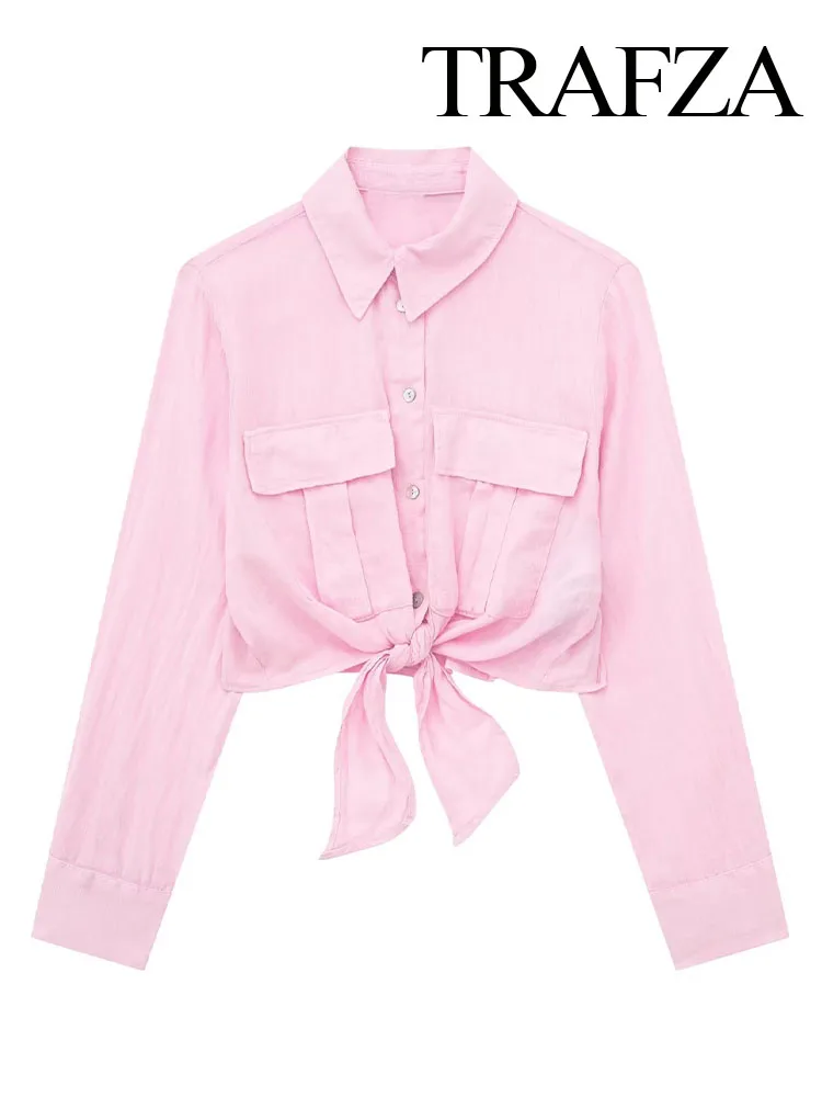 

TRAFZA Fashion Women Casual Pink Blouse Thin Style Long Sleeve Turn-down Collar Single Breasted Loose Shirt Female Top Summer