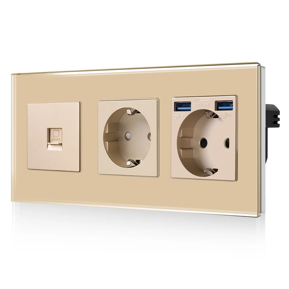 

Розетка Bingoelec EU Power/USB с портами HDMI/USB для ТВ-компьютера, розетка Schuko переменного тока 230 В, защита от перенапряжения, золотая стеклянная рамка