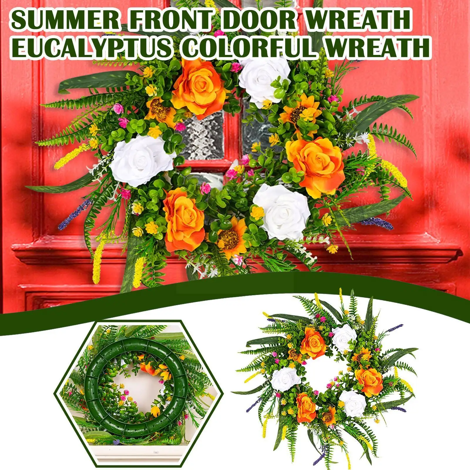 

Summer wreath Colorful Wreath Colorful Floral Wreaths Front Wreath Door And wreath Spring Leaves Flowers 16in Eucalyptus B8P2