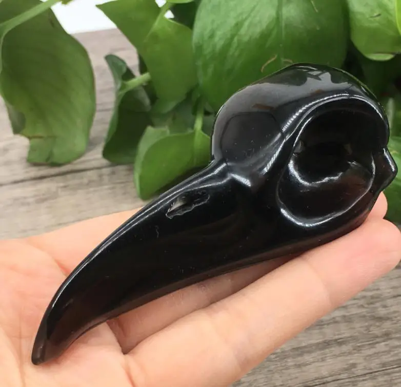 

8cm Natural Black Obsidian Crystal Stone Crow Skull Hand Carved Bird Animal Figurine Energy Crafts Home Decoration As Gift