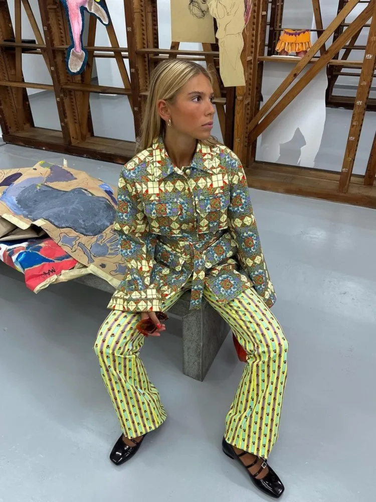 

Fashion Lapel Single Breasted Geometric Pattern Printed Cotton Jacket Women's Chic Elegant Loose Coat Casual Club Street Outwear