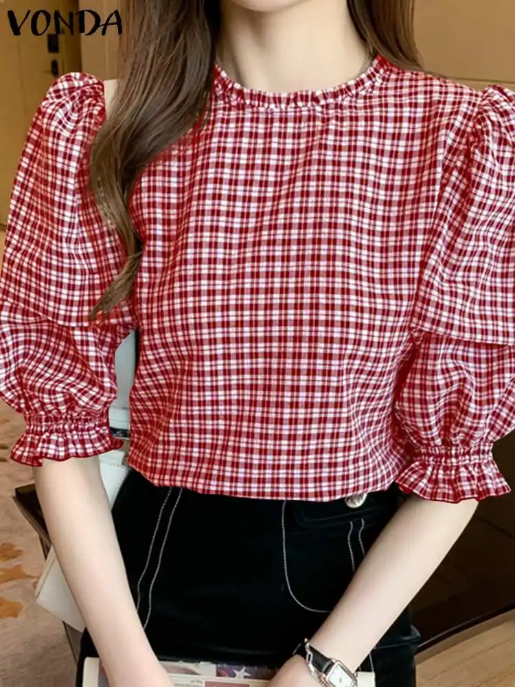 

VONDA Y2K Oversize Crew Neck Plaid Chemise Shirts Female Casual Baggy Grid Polyester Blouse Tops Stylish Women Half Sleeve Blusa