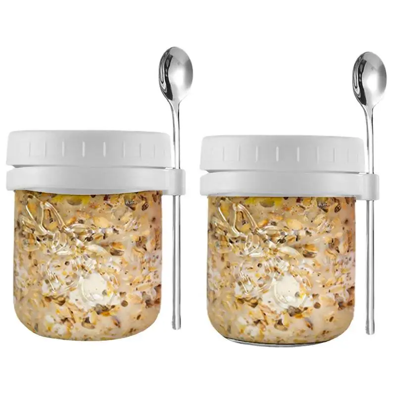 

Банки для приготовления овсяной муки на ночь, 2 шт., контейнеры для подготовки овсяной муки, стеклянные герметичные банки для приготовления еды объемом 13,5 унции, маркеры для измерения, крышка и ложка