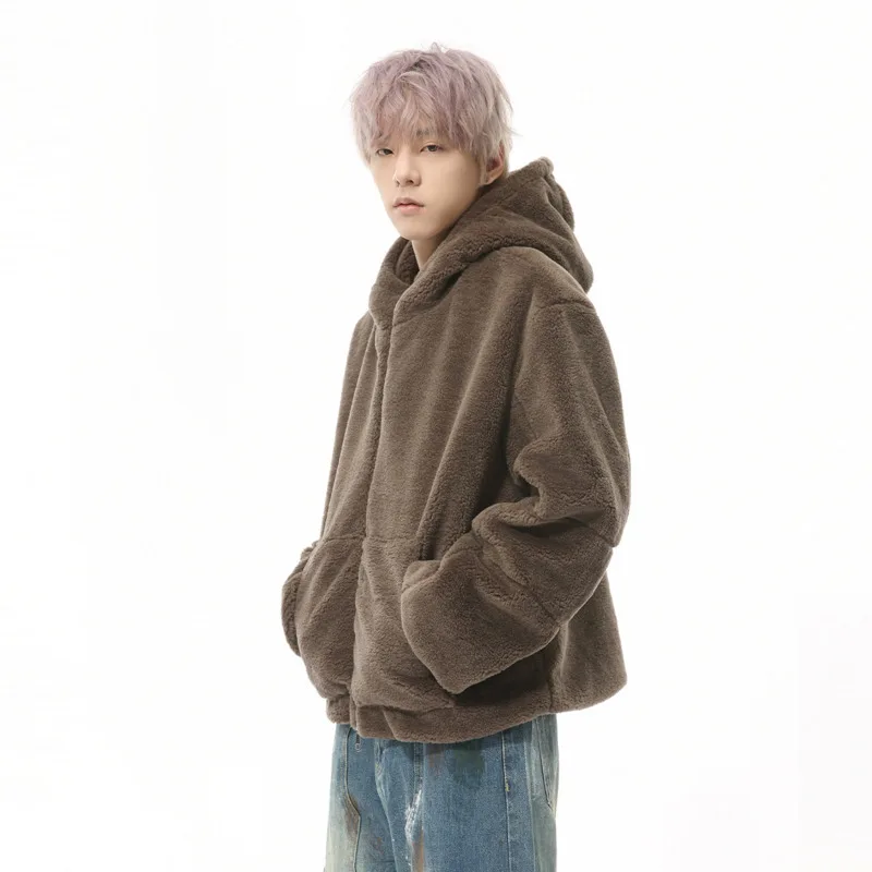 Нишевый дизайн мужские флисовые куртки с капюшоном однотонная свободная одежда