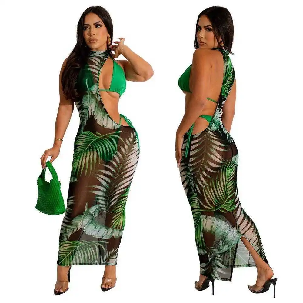 

Womens Summer Digital Printing Irregular Mesh Dress Bikini Three Piece Set
