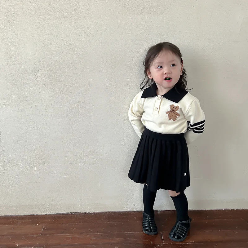 

Осенне-зимняя одежда для девочек из 2 предметов с длинным рукавом в Корейском стиле с милым медведем, трикотажная детская одежда