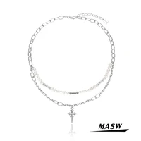 masw fashion jewelry necklace 2021 new trend cool metal chain natural freshwater pearls metal cross pendant necklace for women