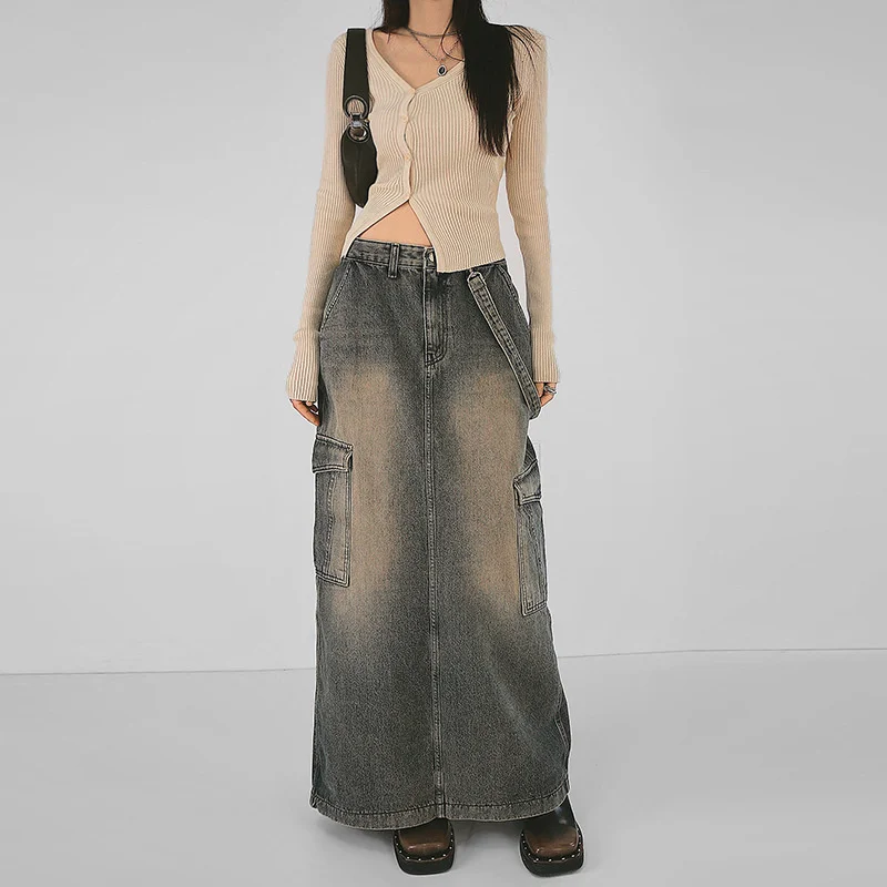 

Casual skir,2023 New American style wash and make old work clothes denim half skirt women's long straight tube design high wrap