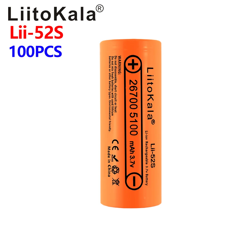 

100pcs LiitoKala Lii-52S 26700 5000mAh High Capacity 3.7v lithium battery for Flashlight power Bank Li-ion Rechargeable Battery