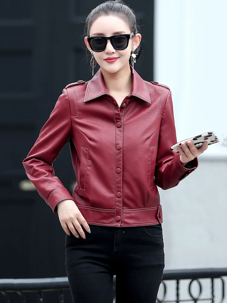 New Women Small Leather Jacket Casual Fashion Moto & Biker Style High Waist Sheepskin Short Coat Split Leather Slim Outerwear