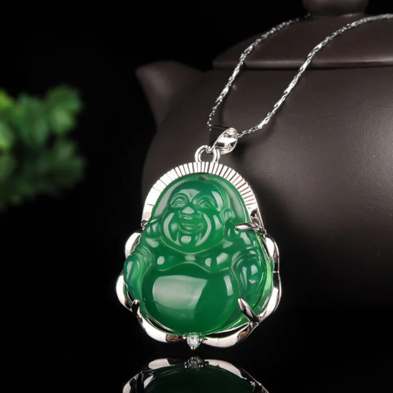 Natural Green Chalcedony Hand-carved Buddha Pendant Fashion  Jewelry Men and Women Green Agate 925 Silver Inlaid Necklace