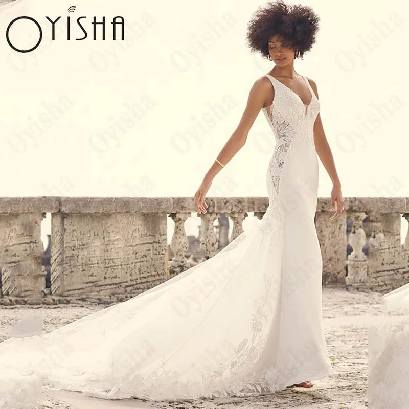 

Женское атласное свадебное платье Oyisha, с V-образным вырезом, без рукавов, на бретельках, с открытой спиной, на пуговицах Boho V-образный вырез атласное свадебное платье для женщин без рукавов спагетти ремни BridE пл
