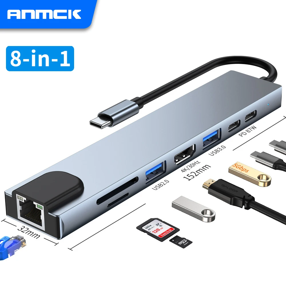 

Док-станция Anmck USB C, 8 портов, RJ45, TF/SD