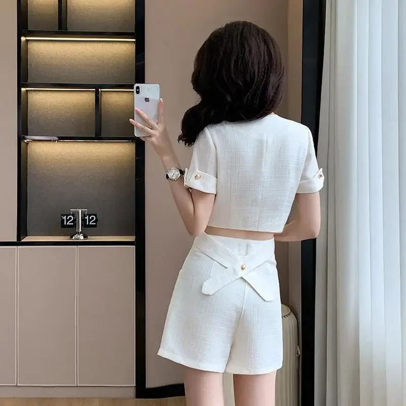 Элегантный твидовый костюм женский топ с короткими рукавами шорты комплект из 2