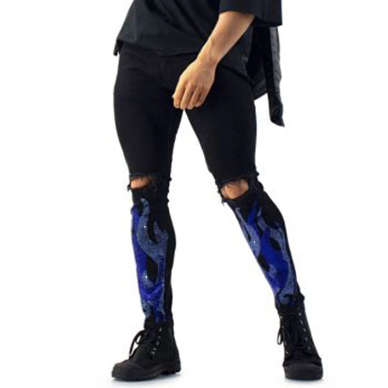 New Men's Stretchy Black Jeans Skinny Slim Fit Hot Drill Punk Streetwear Biker Trousers Man Rhinestone Hole Denim Pencil Pants