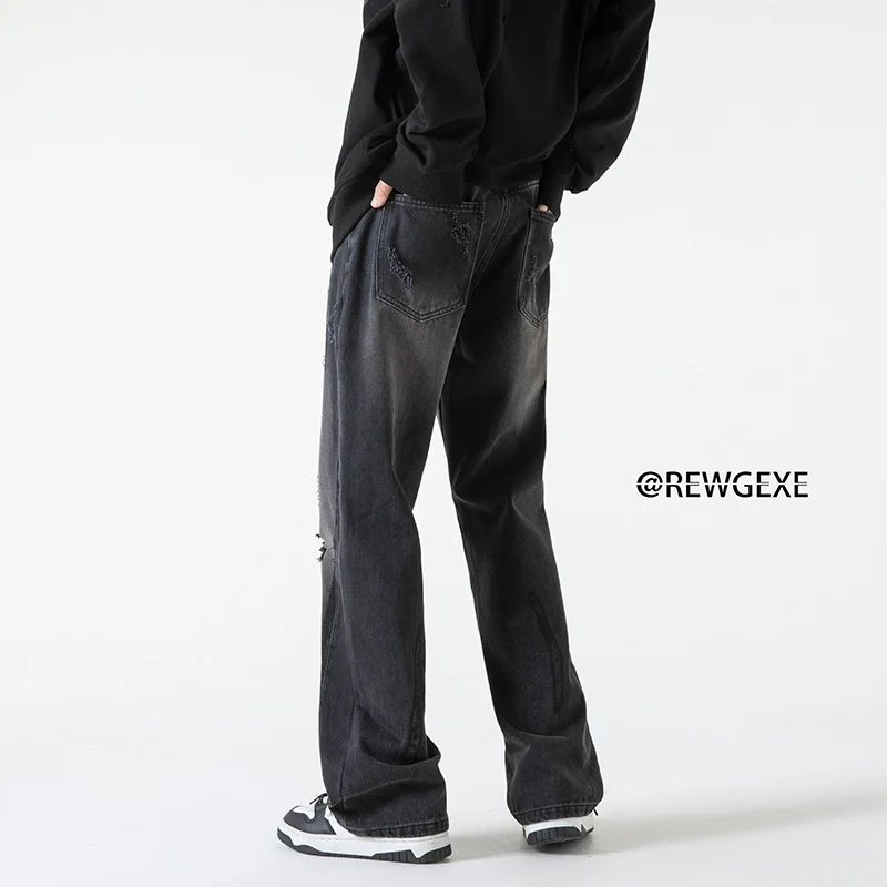 Coffee Blue Black Baggy Jeans Men Fashion Hole Straight Jeans Men Japanese Streetwear Hip Hop Loose Denim Pants Mens Trousers