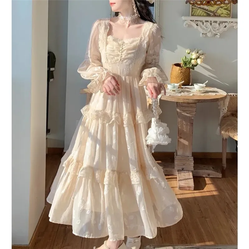 

Women Dress Long Sleeve Beige Lace Vintage Elegant Midi Dress A-Line High Waist Party Dress Spring Autumn Vestidos