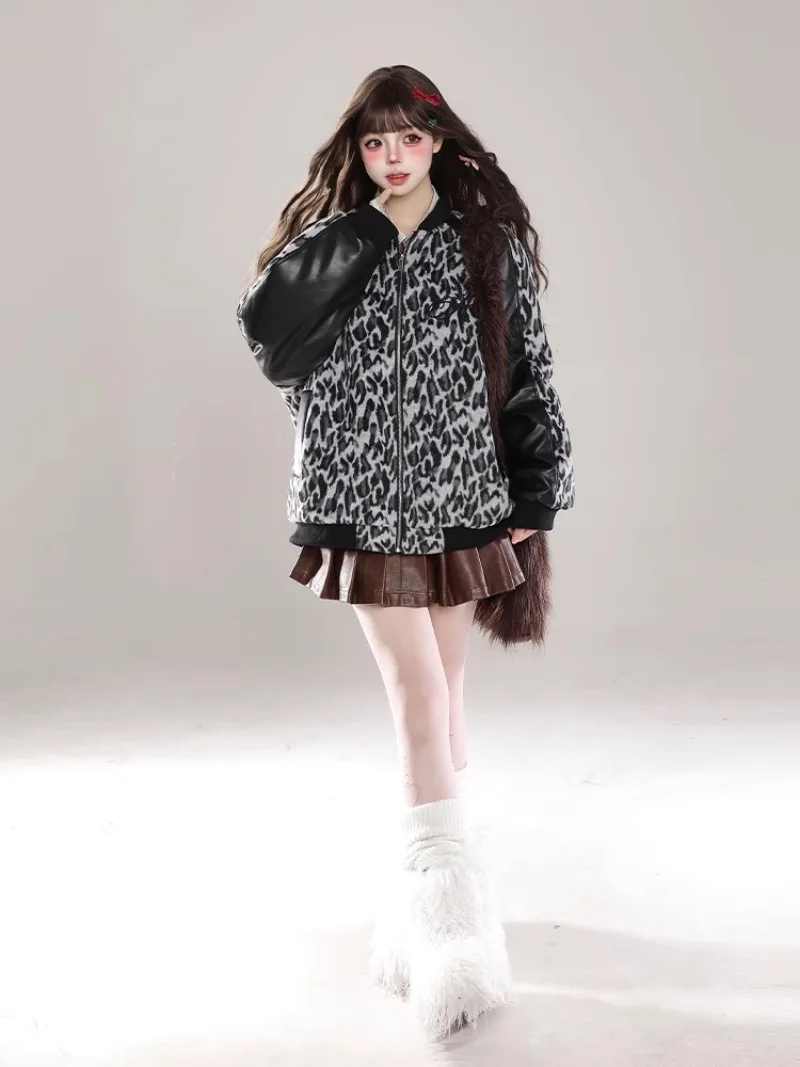 Winter Leopard Print Design Sense Splicing Leather Sleeves Baseball Cotton Clothes Thickened Loose and Thin Padded Jacket Women
