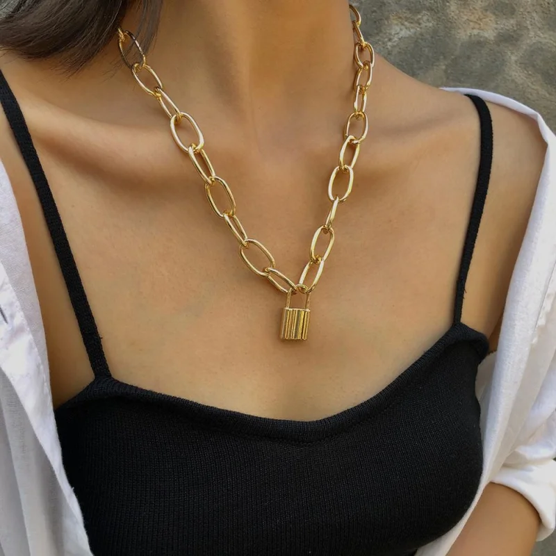 

Модная Толстая алюминиевая цепь в стиле панк, ожерелье с кулоном в виде золотого замка для женщин и мужчин, массивное Длинное украшение в стиле хип-хоп