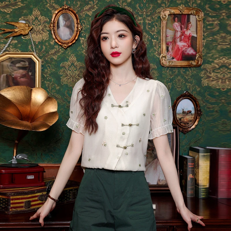 Женская летняя блузка с коротким рукавом и V-образным вырезом