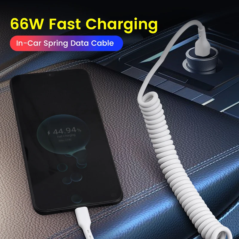 

66W USB C Cable Fast Charge For Huawei Samsung Xiaomi Type C Data Cable Micro USB 1.8M Spring Retractable Car Charing Cord USBC
