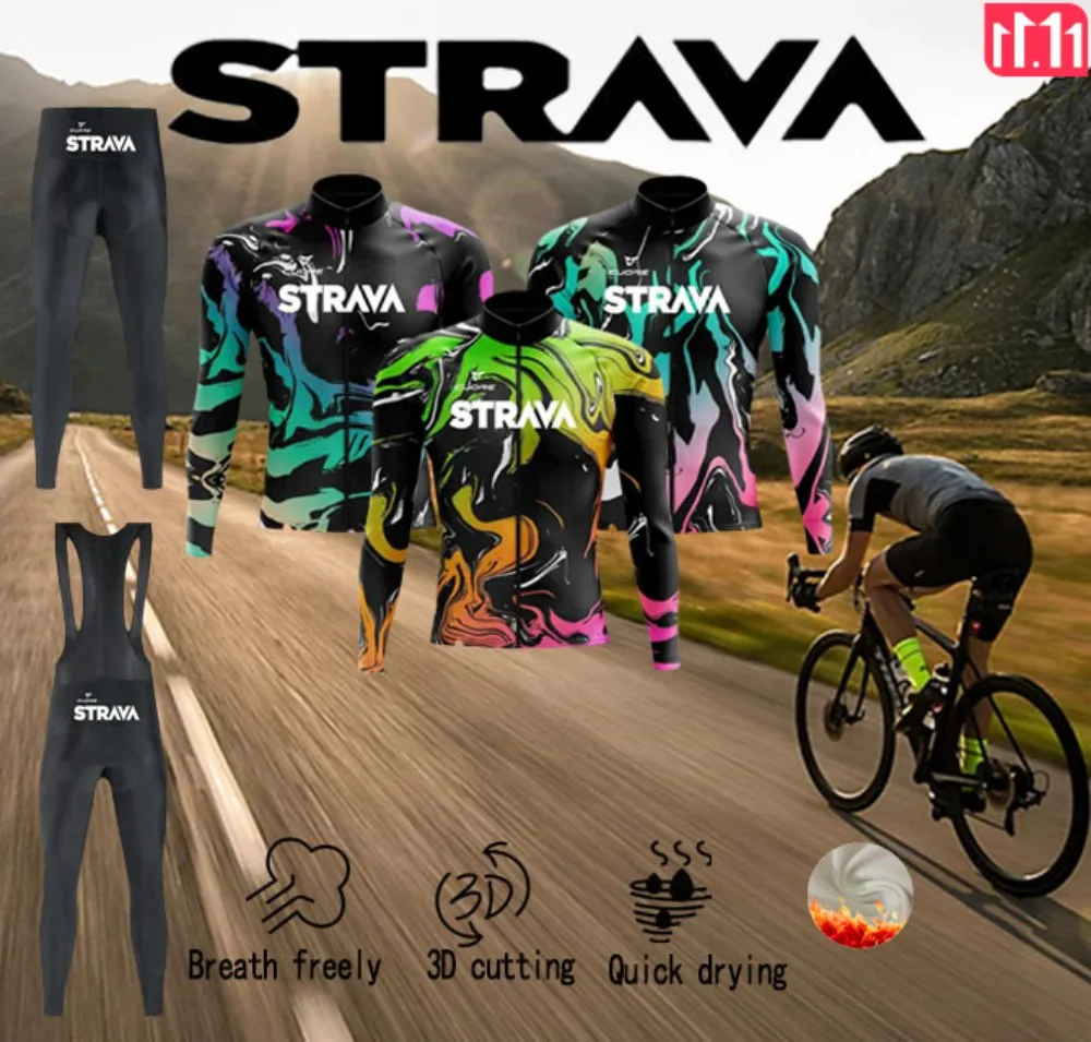 STRAVA Cycling Road Mountain Bike Men's Jacket Winter Fleece Long Sleeve Sports Three-Piece Christmas Gift