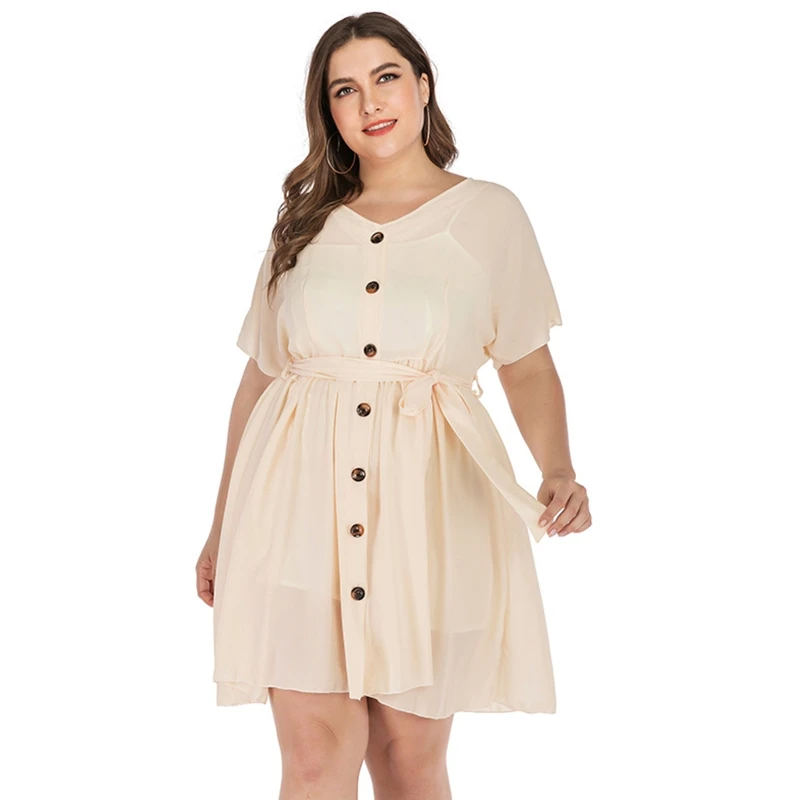 

Women Short Sleeve Dress Plus Size T Shirt Dress w/ Belt High Waist Casual Dress