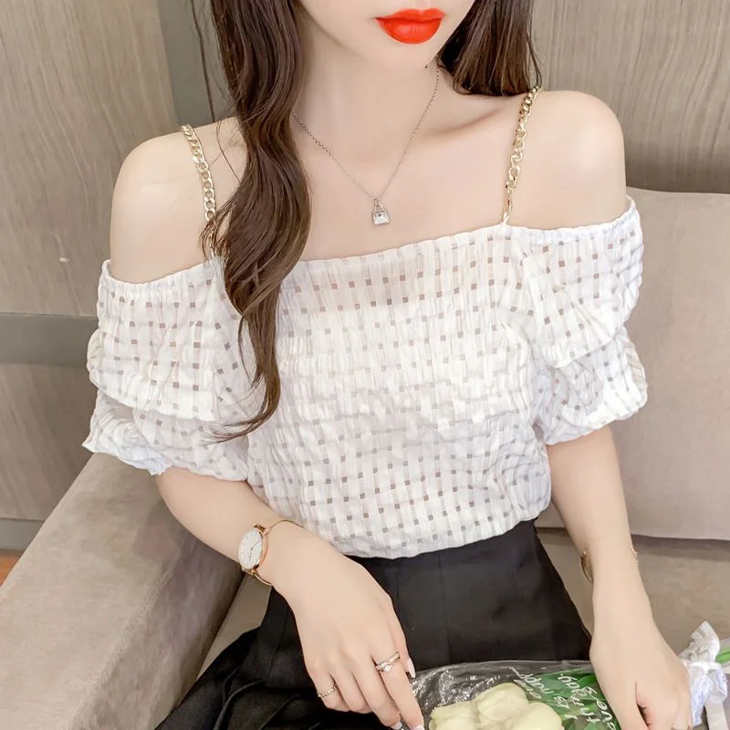 

Super Fairy French Short Sleeve Blouse Shirt Women 2023 Summer New Korean One Shoulder Sexy Strap Chiffon Blouse Top Women