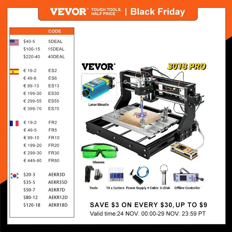 VEVOR CNC 3018 Pro Mini Laser Engraving Machine 3 Axis w/ Offline Controller GRBL Control DIY Wood PCB Milling Cutting Engraver