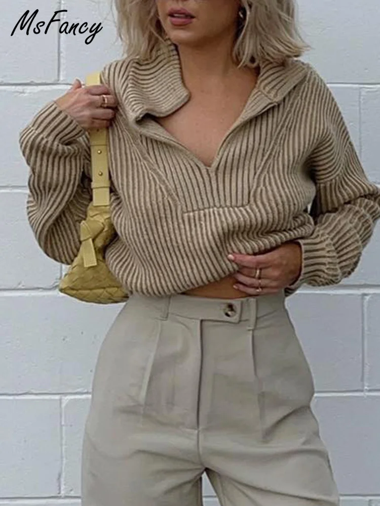 

Msfancy Polo Pullovers Women Knit Puff Sleeve Sweater Mujer 2022 Elegant Loose Jerseys Streetwear