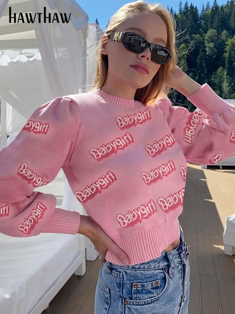 

Hawthaw Women Fashion Long Sleeve Knitted Streetwear Letter Print Tops Sweater 2022 Autumn Clothes Wholesale Items For Business