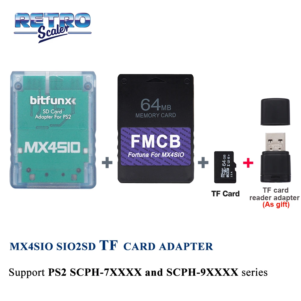 RetroScaler MX4SIO SIO2SD Adapter karty TF + Fortuna 64MB FMCB OPL1.2.0 karta do konsol PS2 Slim(SCPH-7XXXX i SCPH9-XXXX)